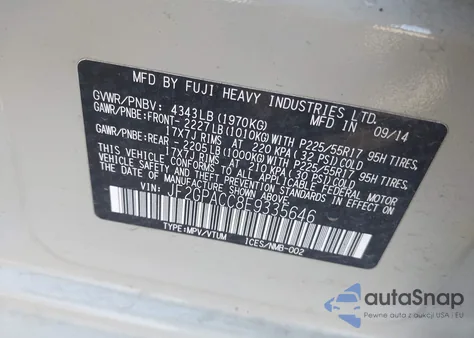 2014 Subaru Xv Crosstrek 2.0I Premium z USA, uszkodzony, nr VIN JF2GPACC8E9335646